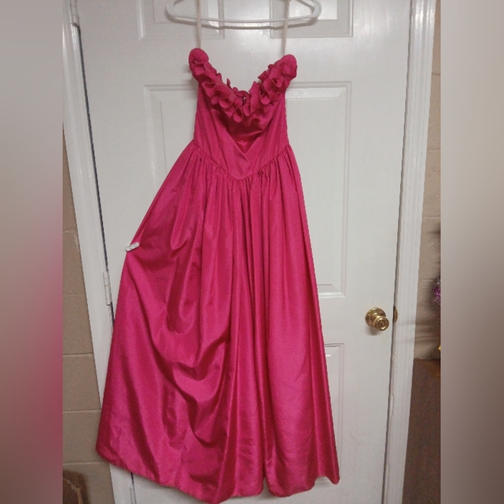 🦄 Vintage Richilene Chic Fuchsia Ruffle Evening Dress Gown Size Large